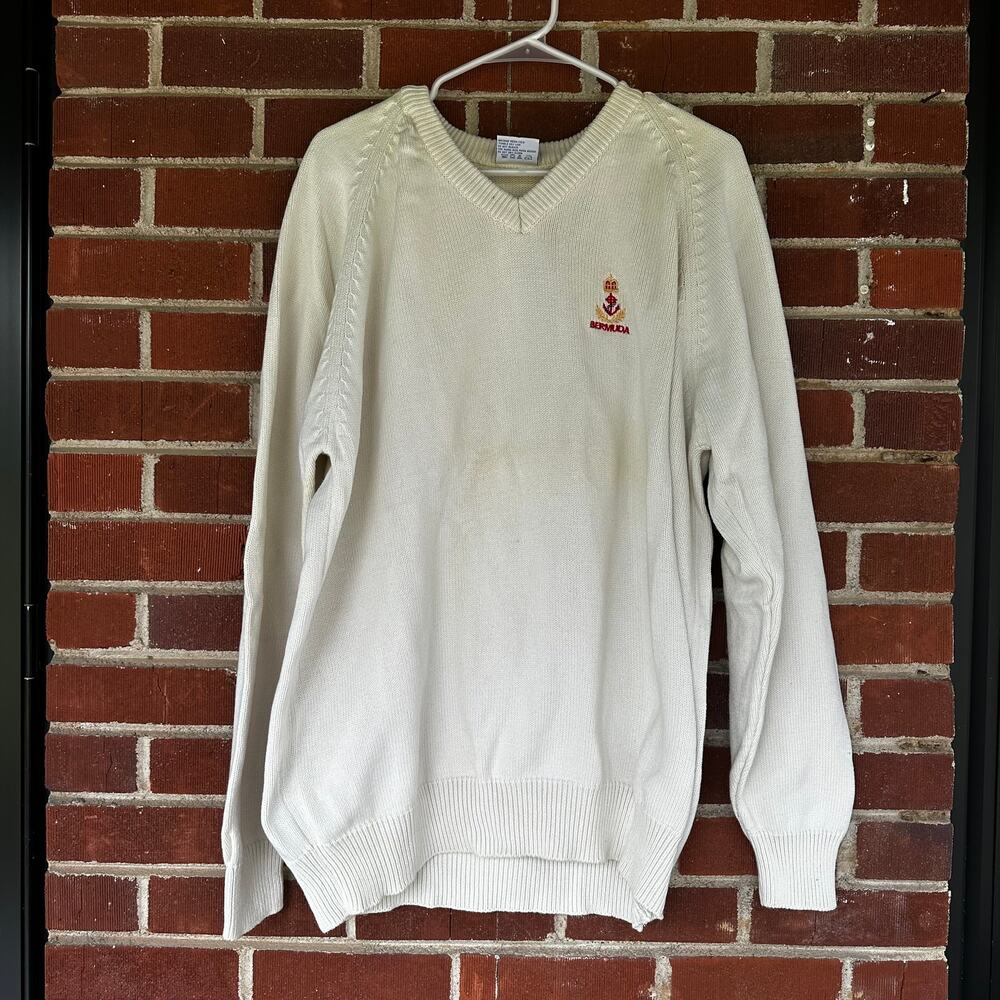 Vintage Bermuda Embroidered V Neck Sweater Cream Cotton XXL